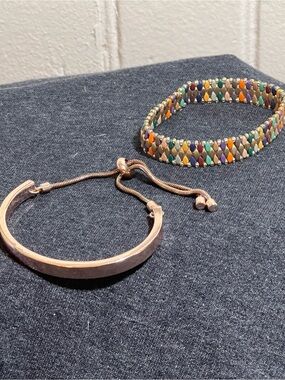 Rose Gold Adjustable Bangle Bracelet and Multicolor Beaded Stretch Bracelet Set